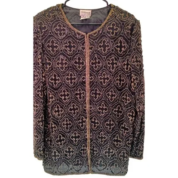 Vintage Stenay Black & Gold Silk Beaded Blazer Jacket | Women's Size Large Glam - Picture 4 of 9